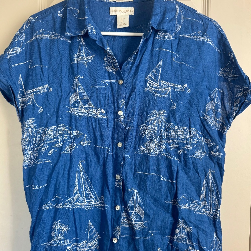 Cynthia Rowley 100% Linen Sailboat Nautical Toil Button Down Shirt Small